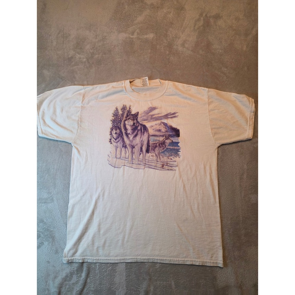 Jerzees Wolf Graphic T-Shirt Mens Large Cream Vintage Style Nature Tee